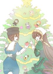 2023 2girls apple barasuishou bell black_corset black_headwear black_ribbon blue_capelet blue_shorts brown_hair candy candy_cane capelet character_doll christmas christmas_tree classic_lolita commentary_request corset doll dress feet_out_of_frame food frilled_dress frilled_shirt frilled_shirt_collar frills fruit green_dress green_eyes hat headscarf heterochromia highres hinaichigo holding holding_food holding_fruit kanaria kirakishou kiru_(m_putorius) lace lolita_fashion long_hair long_sleeves looking_at_another looking_to_the_side merry_christmas multiple_girls open_mouth pale_skin pointing red_eyes ribbon rozen_maiden shinku shirt short_hair shorts siblings sisters smile souseiseki standing star_(symbol) suigintou suiseiseki top_hat twins very_long_hair white_headscarf white_headwear white_shirt