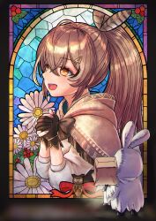 35mmaf :d absurdres berry bird brown_capelet brown_cloak brown_eyes brown_hair capelet cloak daisy_(flower) dual_persona feather_hair_ornament feathers flower friend_(nanashi_mumei) gloves hair_ornament hairclip hieroglyphics highres holding holding_lantern hololive hololive_english hood hooded_cloak lantern long_hair multicolored_hair mumei_(song)_(hololive) nanashi_mumei nanashi_mumei_(1st_costume) open_mouth owl own_hands_clasped own_hands_together partially_fingerless_gloves pink_nails ponytail ribbon smile stained_glass streaked_hair teeth upper_teeth_only very_long_hair virtual_youtuber window