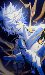 1boy blood bloody_tears broken_skin collarbone commentary_request cracked_skin highres honkai:_star_rail honkai_(series) looking_at_viewer male_focus material_growth messy_hair parted_bangs parted_lips pectorals phainon_(honkai:_star_rail) reaching reaching_towards_viewer short_hair solo tomanattsu topless_male watermark white_hair yellow_blood yellow_eyes