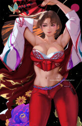 Rule 34 | 1girl, arms up, breasts, brown hair, bustier, cleavage, fatal fury, folding fan, hand fan, highres, holding, holding fan, large breasts, looking to the side, official alternate costume, official alternate hairstyle, pants, red bustier, red pants, shiranui mai, smile, solo, street fighter, street fighter 6, wei (promise 0820)