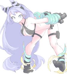 1girl absurdly_long_hair absurdres animal_ears animal_hands bare_shoulders bent_over bikini black_bikini blue_eyes blue_hair boku_no_hero_academia breasts cat_ears full_body gloves hado_nejire highres large_breasts long_hair mocamocaink paw_gloves side-tie_bikini_bottom solo swimsuit very_long_hair