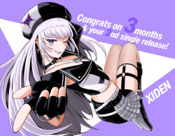 Rule 34 | 1girl, absurdres, asymmetrical legwear, belt, belt buckle, beret, black belt, black boots, black collar, black gloves, black hat, black shirt, black skirt, boots, buckle, character name, collar, commentary request, crop top, cropped shirt, ear piercing, earrings, english text, fingerless gloves, gloves, grey skirt, hat, highres, index finger raised, itsumeee3, jewelry, knee boots, knees up, long hair, looking at viewer, mismatched legwear, mole, mole under eye, multiple belts, multiple moles, one eye closed, piercing, purple background, purple eyes, purple hair, rk music, shirt, skirt, smile, solo, thighhighs, two-tone background, two-tone hat, two-tone shirt, two-tone skirt, virtual youtuber, white background, white belt, white hat, white shirt, xiden