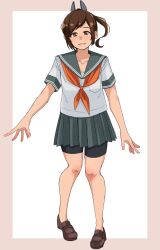 1girl alternate_costume bike_shorts bike_shorts_under_skirt border breasts brown_eyes brown_hair brown_shoes full_body grey_sailor_collar grey_skirt highres i-401_(kancolle) kantai_collection loafers looking_at_viewer medium_breasts mori_tarou neckerchief no_socks orange_neckerchief outside_border ponytail purple_border sailor_collar sailor_shirt school_uniform serafuku shirt shoes short_sleeves shorts shorts_under_skirt skirt solo summer_uniform white_background white_shirt