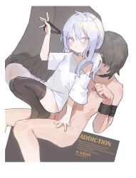 1boy 1girl animal_collar black_hair black_thighhighs blindfold clothed_female_nude_male collar daquan_wubai feet femdom footjob highres leash looking_at_viewer nude original pet_play shirt stepping_on_penis thighhighs white_hair white_shirt