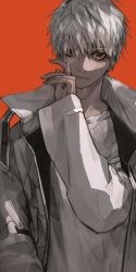 1boy closed_mouth crying haban_(haban35) highres jacket male_focus orange_background original red_eyes shirt simple_background solo tears upper_body white_hair white_jacket white_shirt wiping wiping_tears