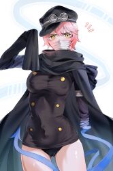 Rule 34 | 1girl, alternate hair color, arrow (symbol), arrow background, artist request, bandages, black jacket, black panties, breasts, cameltoe, cowboy shot, female focus, gunko, hat, heterochromia, jacket, medium breasts, mismatched pupils, nakajima (user111860274), no pants, notice lines, one piece, panties, pink hair, sleeves past fingers, sleeves past wrists, solo, spoilers, thighs, tight clothes, underwear, very long sleeves, yellow eyes