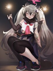 1girl :d ^_^ ahoge animal_ears asymmetrical_legwear black_pantyhose black_shoes blue_archive blush closed_eyes commentary_request dokomon facing_viewer fang fireworks gradient_hair grey_hair hair_between_eyes halo highres holding holding_fireworks korean_commentary long_hair michiru_(blue_archive) multicolored_hair night night_sky open_mouth outdoors pantyhose raccoon_ears raccoon_girl raccoon_hair_ornament raccoon_tail senkou_hanabi shoes short_eyebrows sky smile solo sparkler squatting star_(sky) starry_sky tail thick_eyebrows twintails very_long_hair