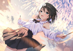 1girl :d aerial_fireworks bare_shoulders black_bow black_hair black_skirt blue_eyes blue_sky bow cac_itinose clothing_cutout cloud collared_shirt commentary_request dress_shirt fireworks frilled_shirt_collar frills hair_between_eyes highres holding holding_fireworks long_sleeves open_mouth original outdoors pleated_skirt puffy_long_sleeves puffy_sleeves school_uniform shirt shoulder_cutout skirt sky smile solo sparkler sunset white_shirt