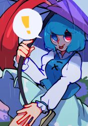 Rule 34 | !, 1girl, blue eyes, blue hair, blue skirt, blue vest, geta, heterochromia, highres, holding, holding umbrella, iganashi1, juliet sleeves, karakasa obake, long sleeves, looking at viewer, one-hour drawing challenge, puffy sleeves, purple umbrella, rain, red eyes, shirt, short hair, skirt, solo, speech bubble, standing, tatara kogasa, tongue, tongue out, touhou, umbrella, vest, white shirt