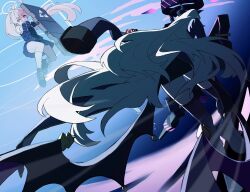 2girls ahoge armband back battle black_coat black_thighhighs blue_archive coat coat_on_shoulders demon_girl demon_horns demon_wings flying gun halo heterochromia highres hina_(blue_archive) holding holding_gun holding_shield holding_weapon horns hoshino_(blue_archive) long_hair machine_gun mg42 multiple_girls outdoors pink_hair pink_halo ponytail purple_eyes red_armband shield tansei_tokui thighhighs weapon white_hair wings