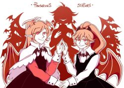 3girls bakawasemii black_dress cranber_(funamusea) demon_girl demon_wings dress funamusea haiiro_teien long_hair looking_at_viewer multiple_girls pink_eyes pointy_ears ponytail raspbel_preserves rawberry_preserves siblings sisters very_long_hair wings