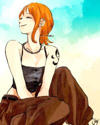 1girl arms_between_legs baggy_pants bare_shoulders birthday black_shirt brown_pants closed_eyes closed_mouth collarbone commentary_request crop_top earrings facing_to_the_side feet_out_of_frame gradient_background highres jas_(jasjasjasart) jewelry nami_(one_piece) necklace one_piece orange_hair pants shirt short_hair shoulder_tattoo single_sidelock sitting smile solo spaghetti_strap stud_earrings tattoo