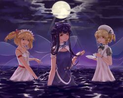 absurdres black_hair blonde_hair bow braid breasts cloud commentary_request cowboy_shot cup dress drill_hair drill_sidelocks fairy_wings flat_chest full_moon hair_bow half_up_braid hat highres holding holding_cup holding_saucer long_hair looking_at_viewer luna_child moon nari-14 neck_ribbon night open_mouth partially_submerged puffy_short_sleeves puffy_sleeves purple_bow purple_ribbon purple_shirt purple_skirt purple_sky red_bow red_eyes ribbon saucer shirt short_sleeves sidelocks skirt skirt_set sky sleeveless sleeveless_shirt small_breasts star_(sky) star_(symbol) star_print star_sapphire starry_sky sunny_milk teacup touhou twintails water white_dress white_hat wings