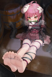 1girl absurdres aiza-ku arms_behind_back barefoot bdsm bit_gag bondage boots bound bound_toes cable_tie cellphone feet flower foot_focus fox_mask gag gagged hair_flower hair_ornament highres indoors japanese_clothes mask obi original phone red_hair sash shibari side_ponytail smartphone soles tears thighhighs unworn_boots unworn_thighhighs white_thighhighs wide-eyed wooden_floor yellow_eyes