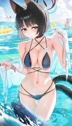 5girls absurdres animal_ears bare_shoulders bikini black_bikini black_eyes black_hair blue_archive blue_bikini blush breasts cat_ears cat_girl cat_tail cleavage collarbone female_pubic_hair halo highres kikyou_(blue_archive) kikyou_(swimsuit)_(blue_archive) layered_bikini looking_at_viewer multiple_girls multiple_tails navel pubic_hair pubic_hair_peek short_hair solo_focus swimsuit tail thighs two_tails waligner