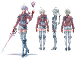 1girl ahoge alisaie_leveilleur arms_at_sides blue_eyes boots chest_belt concept_art cropped_jacket earclip earrings elezen elf expressionless final_fantasy final_fantasy_xiv fingerless_gloves floating floating_object full_body gloves hair_ribbon hand_up high_heel_boots high_heels holding holding_sword holding_weapon jacket jewelry knee_pads long_hair looking_at_viewer multiple_views namae_ayumi official_art pointy_ears ponytail rapier red_gloves red_jacket red_mage_(final_fantasy) ribbon romper simple_background single_earring standing straight-on sword thigh_boots third-party_source weapon white_background white_footwear white_hair white_romper