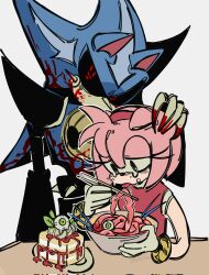 1boy 1girl animal_ears bare_shoulders black_eyes black_sclera blood blood_on_chest blood_on_hands bloodshot_eyes bracelet cannibalism chopsticks colored_sclera crying crying_with_eyes_open desperation dress ears_down empty_eyes eyeball feeding force-feeding gloves green_eyes guro hairband half-closed_eyes hand_on_another&#039;s_head hedgehog_girl highres implied_cannibalism intestines jewelry long_eyelashes looking_at_viewer metal_sonic nausea neo_metal_sonic possessive red_dress red_eyes red_hairband short_hair sideways_glance sonic_(series) streaming_tears tears tongue tongue_out white_gloves xue_gin