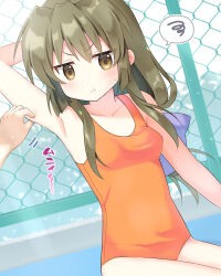 Rule 34 | 1girl, 1other, :t, arm at side, arm pinching, arm up, armpits, bare shoulders, blush, bow, breasts, brown eyes, brown hair, clannad, closed mouth, collarbone, commentary request, cowboy shot, dutch angle, hair between eyes, hair bow, haruchimo, highres, ibuki fuuko, long hair, looking at viewer, low-tied long hair, motion lines, one-piece swimsuit, orange one-piece swimsuit, outdoors, paid reward available, pinching, pout, presenting armpit, purple bow, sidelocks, sitting, small breasts, solo focus, sound effects, speech bubble, spoken squiggle, squiggle, sweatdrop, swimsuit, v-shaped eyebrows