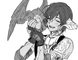 1boy ^_^ au_ra azdaja_(ff14) brother_and_sister closed_eyes dragon dragon_horns drimu3635 feathered_wings final_fantasy final_fantasy_xiv fingerless_gloves gloves greyscale hands_up happy horns in_palm male_focus monochrome open_mouth scales shirt short_hair siblings simple_background sleeveless sleeveless_shirt small_dragon smile upper_body varshahn white_background wings