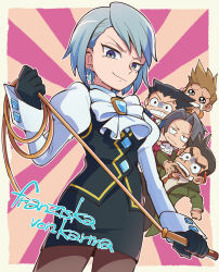 1girl 4boys ace_attorney ascot black_gloves black_hair black_skirt black_vest blue_eyes blue_hair brown_hair character_name closed_mouth crying crying_with_eyes_open dick_gumshoe earrings formal_clothes franziska_von_karma gem gloves grey_eyes grey_hair hair_intakes highres holding jacket jewelry juliet_sleeves larry_butz long_sleeves looking_at_viewer miles_edgeworth mole mole_under_eye multiple_boys necktie nono_(norabi) open_mouth pantyhose pencil_skirt phoenix_wright puffy_sleeves red_jacket shirt short_hair skirt smile solo_focus streaming_tears suit tears vest whip white_shirt