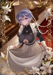 1girl apron azur_lane bellona_(armed_to_clean)_(azur_lane) bellona_(azur_lane) belt black_belt black_shirt blue_eyes blue_hair blurry blurry_background breasts buttons chest_strap closed_mouth clothing_cutout earrings flower frilled_apron frills gloves highres holding_apron irasuto_neko35 jewelry large_breasts maid maid_headdress puffy_sleeves shirt smile solo underboob underboob_cutout white_apron white_flower white_gloves
