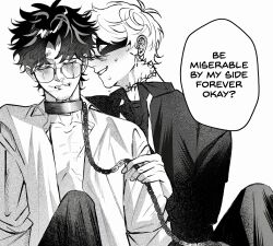 black_hair blush chain chain_leash collar collared_shirt crying crying_with_eyes_open frown glasses greyscale highres holding holding_leash leash male_focus monochrome octopus_19 original scar screentones shirt sitting smile snot speech_bubble sweat tears yaoi