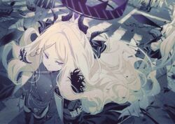 1girl black_halo black_horns black_ribbon blue_archive closed_mouth demon_girl demon_horns demon_wings fluffy_hair forehead hair_ribbon halo hina_(blue_archive) horns long_hair long_sleeves looking_to_the_side multiple_horns ouri_(aya_pine) parted_bangs purple_eyes ribbon solo very_long_hair white_hair wings