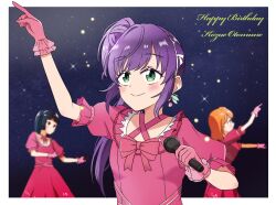 Rule 34 | 3girls, absurdres, blurry, blurry background, blush, border, character name, closed mouth, commentary request, dress, earrings, flower earrings, frilled gloves, frills, gloves, green eyes, hair bun, happy birthday, highres, hinoshita kaho, jewelry, kanzaki gou, link! like! love live!, long hair, looking up, love live!, momose ginko, multiple girls, otomune kozue, outside border, pink dress, pink gloves, puffy short sleeves, puffy sleeves, purple hair, reflection in the mirror (love live!), short sleeves, side ponytail, sidelocks, single side bun, sky, smile, solo focus, split mouth, star (sky), starry sky, upper body, virtual youtuber, white border