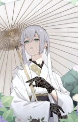 Rule 34 | 1girl, black gloves, earrings, gloves, green eyes, highres, holding, holding umbrella, japanese clothes, jewelry, kimono, lace, lace gloves, long hair, oil-paper umbrella, original, solo, umbrella, upper body, white hair, white kimono, yagi (shiro yagi)