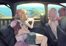Rule 34 | 4girls, absurdres, blonde hair, blue eyes, blush, bra, breasts, brown hair, car interior, cellphone, commentary request, day, double bun, grabbing another&#039;s breast, grey bra, grey shorts, groping, hair bun, hand under clothes, hand under shirt, head under another&#039;s clothes, highres, holding, holding phone, horizon, island, kissing back, large breasts, multicolored hair, multiple girls, ocean, original, phone, pink hair, ponytail, purple shirt, purple skirt, shirt, shorts, skirt, smartphone, two-tone hair, under another&#039;s clothes, underwear, wanashi tam, yuri