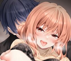 1boy 1girl black_bra black_hair blush bra bra_lift clothes_lift commentary_request cropped faceless faceless_male grabbing_another&#039;s_breast grabbing_from_behind groping hair_between_eyes hair_bun hetero highres hikigaya_hachiman looking_at_viewer mature_female medium_hair nipples orange_eyes orange_hair paid_reward_available print_bra red_hayao saliva single_hair_bun sweater sweater_lift tearing_up tongue tongue_out turtleneck turtleneck_sweater underwear upper_body yahari_ore_no_seishun_lovecome_wa_machigatteiru. yellow_sweater yuigahama_yui&#039;s_mother