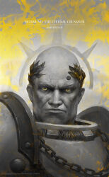 Rule 34 | 1boy, absurdres, armor, bald, breastplate, chain, copyright logo, copyright notice, cover, cover page, embers, glowing, glowing eyes, gorget, greyscale, halo, highres, iron halo, laurel crown, laurels, leszek wozniak, looking at viewer, monochrome, orange eyes, pauldrons, purity seal, shoulder armor, sigismund, spiked halo, title, title page, warhammer 40k