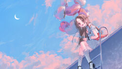 Rule 34 | 1girl, absurdres, ahoge, alternate costume, balloon, black hair, black shoes, blue sky, blunt ends, braid, cloud, commentary request, crescent, dress, frilled wristband, gakuen idolmaster, half up braid, heart balloon, high heels, highres, holding, holding balloon, idolmaster, kneehighs, krtc mgk, kuramoto china, ladder, long hair, looking at viewer, on roof, outdoors, polka dot socks, shoes, sitting, sitting on roof, sky, smile, socks, solo, very long hair, white dress