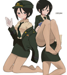 Rule 34 | 1girl, black eyes, black hair, black necktie, book, brown pantyhose, brown shirt, chouno ami, commentary, dress shirt, female service cap, girls und panzer, gloves, green headwear, green jacket, green skirt, grey pantyhose, hat, highres, holding, holding book, jacket, japan ground self-defense force, japan self-defense force, kneeling, long sleeves, military, military dress uniform, military hat, military uniform, miniskirt, multiple views, necktie, no shoes, off shoulder, open clothes, open jacket, pantyhose, pencil skirt, reading, ri (qrcode), shirt, short hair, sitting, skirt, swept bangs, translated, waving, white gloves, wing collar
