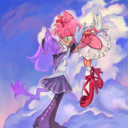 2girls akemi_homura akemi_homura_(cosplay) akemi_homura_(magical_girl) amy_rose animal_ears black_hairband blaze_the_cat borgor3 bow cat_tail cloud commentary cosplay dress english_commentary flower frilled_dress frills furry furry_female gloves green_eyes grey_dress hair_flower hair_ornament hairband high_heels highres kaname_madoka kaname_madoka_(cosplay) kaname_madoka_(magical_girl) mahou_shoujo_madoka_magica mahou_shoujo_madoka_magica_(anime) multiple_girls pink_dress pink_flower pink_fur pink_rose purple_skirt purple_tail red_bow red_shoes rose shoes skirt socks sonic_(series) tail tears white_gloves white_socks