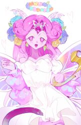 1girl angel angel_wings colored_skin cookie_run cookie_run:_kingdom dress eternal_sugar_cookie eternal_sugar_cookie_(blooming_bringer_of_sloth) highres humanization jewelry long_hair looking_at_another looking_at_viewer official_alternate_costume oyki0000013 pink_eyes pink_hair pink_skin smile solo very_long_hair white_dress wings