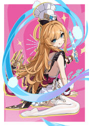 1girl absurdres blonde_hair chef_hat closed_mouth escoffier_(genshin_impact) full_body genshin_impact green_eyes hat highres holding holding_knife knife long_hair man_ge sitting smile solo thighhighs tongue tongue_out wariza white_thighhighs