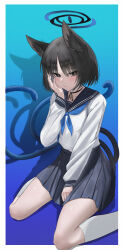 1girl absurdres animal_ear_fluff animal_ears black_choker black_eyes black_hair blue_archive blue_neckerchief blue_sailor_collar blue_skirt blush cat_ears cat_girl cat_tail choker closed_mouth highres kikyou_(blue_archive) kneehighs looking_at_viewer multiple_tails neckerchief parted_bangs sailor_collar shirt short_hair sitting skirt socks solo tail two_tails wariza white_shirt white_socks yu_jing_qian_yin_kikno