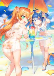 Rule 34 | 2girls, :d, ahoge, amiami (company), amico, arm up, ass, ball, beach, beach umbrella, beachball, bikini, blue eyes, blue hair, blue sky, blush, breasts, cloud, cloudy sky, collarbone, commentary request, crossed bangs, detached collar, drinking straw, eyelashes, eyewear on head, feet out of frame, female focus, from behind, full body, green eyes, hair ornament, hair scrunchie, henreader, highres, kneepits, leaning forward, legs, lilco, logo hair ornament, long hair, looking at viewer, looking back, medium breasts, multiple girls, navel, off-shoulder bikini, off shoulder, official art, open mouth, orange hair, outdoors, print bikini, sailor collar, sandals, scrunchie, see-through clothes, shiny skin, sidelocks, sky, smile, starfish, striped bikini, striped clothes, swimsuit, table, teeth, thighs, third-party source, toes, twintails, two side up, umbrella, upper teeth only, water