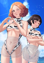 absurdres animal_print apron bikini blue_eyes braid breasts brown_hair cow_print cow_print_bikini crossed_arms crown_braid heart heart_hands highres ikhwan_maulana matsuo95 medium_breasts niijima_makoto okumura_haru one-piece_swimsuit one_eye_closed outdoors persona persona_5 print_bikini red_eyes revealing_clothes see-through_apron see-through_clothes short_hair swimsuit