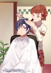 1boy 1girl blue_eyes blue_hair club3 comb cutting_hair highres persona persona_3 persona_3_portable red_eyes red_hair scissors shiomi_kotone short_hair skirt smile sweater yuuki_makoto_(persona_3)
