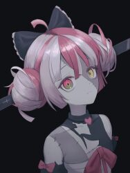 Rule 34 | 1girl, absurdres, ahoge, black background, black bow, black shirt, blunt bangs, bow, chest sarashi, closed mouth, colored skin, commentary, diamond-shaped pupils, diamond (shape), double bun, frilled bow, frills, frown, green eyes, grey hair, grey skin, hair bow, hair bun, heterochromia, highres, hololive, hololive indonesia, kkamkkam, kureiji ollie, mismatched pupils, multicolored eyes, multicolored hair, multicolored skin, object through head, patchwork skin, red eyes, red hair, sarashi, shirt, short hair, solo, stitched face, stitched torso, stitches, sword in head, symbol-shaped pupils, torn clothes, torn shirt, two-tone hair, two-tone skin, upper body, virtual youtuber, x-shaped pupils, yellow eyes