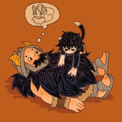 1boy 1girl animated animated_gif beard black_hair bread brown_hair cat_girl cutystuffy deformed dungeon_meshi dwarf facial_hair fake_horns fluff food foodification from_side full_body helmet horned_helmet horns izutsumi kneading_(behavior) loaf_of_bread long_beard lying mustache on_back senshi_(dungeon_meshi) size_difference speech_bubble spoken_character tail tail_wagging thick_mustache thought_bubble very_long_beard