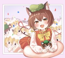 1girl :d animal_ear_fluff animal_ear_piercing animal_ears blurry blurry_background blush bow bowtie brown_eyes brown_hair cat_ears cat_tail character_doll chen cowboy_shot doll dot_nose double-parted_bangs earrings fang foreshortening frills gold_trim goodapple_juicy hair_between_eyes happy hat highres holding holding_doll jewelry long_sleeves looking_at_viewer mob_cap multiple_tails nekomata open_mouth puffy_long_sleeves puffy_sleeves single_earring skin_fang smile solo tail touhou two_tails yakumo_ran yakumo_yukari yellow_bow yellow_bowtie