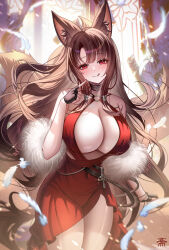 1girl :q akagi_(azur_lane) alternate_costume animal_ears azur_lane bare_arms bare_shoulders black_gloves blush bracelet breasts brown_hair cleavage closed_mouth dress fingerless_gloves fox_ears fox_girl fox_tail gloves hand_up highres jewelry large_breasts long_hair looking_at_viewer multiple_tails parted_lips red_dress red_eyes smile tail tansuan_(ensj3875) tongue tongue_out