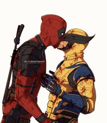 2boys belt blood blood_on_clothes bloody_weapon bodysuit claws commentary deadpool deadpool_&amp;_wolverine deadpool_(series) english_commentary facial_hair gloves highres impaled katana kiss male_focus manofbeskar marvel mask mature_male multiple_boys stab superhero_costume sword twitter_username two-tone_bodysuit violence weapon weapon_on_back wolverine_(x-men) x-men yaoi yellow_bodysuit
