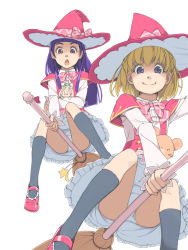 Rule 34 | 2girls, akinbo (hyouka fuyou), asahina mirai, bad id, bad pixiv id, blonde hair, bow, broom, broom riding, ha-chan (mahou girls precure!), hat, izayoi liko, long hair, looking at viewer, magic school uniform (mahou girls precure!), mahou girls precure!, mary janes, mofurun (mahou girls precure!), multiple girls, open mouth, panties, pantyshot, precure, purple hair, red eyes, riko (mahou girls precure!), school uniform, shoes, skirt, smile, underwear, white panties, witch hat