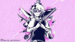 1boy alternate_eye_color antenna_hair bandaged_arm bandages bandaid bandaid_on_arm bandaid_on_face basil_(faraway)_(omori) basil_(omori) closed_mouth collared_shirt lewis_einstein limited_palette looking_at_viewer noose omori pill pink_eyes shirt short_hair short_sleeves solo sweater_vest venom_(vocaloid)