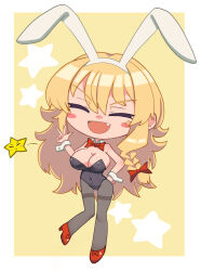 1girl :d alternate_breast_size animal_ears black_leotard blonde_hair blush_stickers bow bowtie closed_eyes collar commentary_request cookie_(touhou) detached_collar fake_animal_ears fang full_body grey_pantyhose hair_bow high_heels highres kirisame_marisa leotard long_hair open_mouth pantyhose playboy_bunny pyukasshori rabbit_ears red_bow red_bowtie red_shoes shoes smile solo star_sticker strapless strapless_leotard suzu_(cookie) touhou v-shaped_eyebrows w white_collar wrist_cuffs