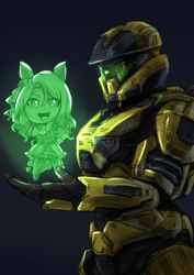 1boy 1girl absurdres animal_ears armor black_background bow commentary_request crossover hair_bow halo_(game) halo_(series) halo_infinite highres hologram horse_ears horse_girl king_halo_(umamusume) looking_down oberon826 open_hand partial_commentary power_armor pun science_fiction smile spartan_(halo) umamusume visor what